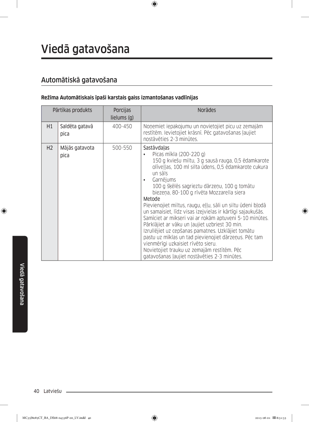 Samsung MC35J8085CT/BA manual Viedā gatavošana, Automātiskā gatavošana 