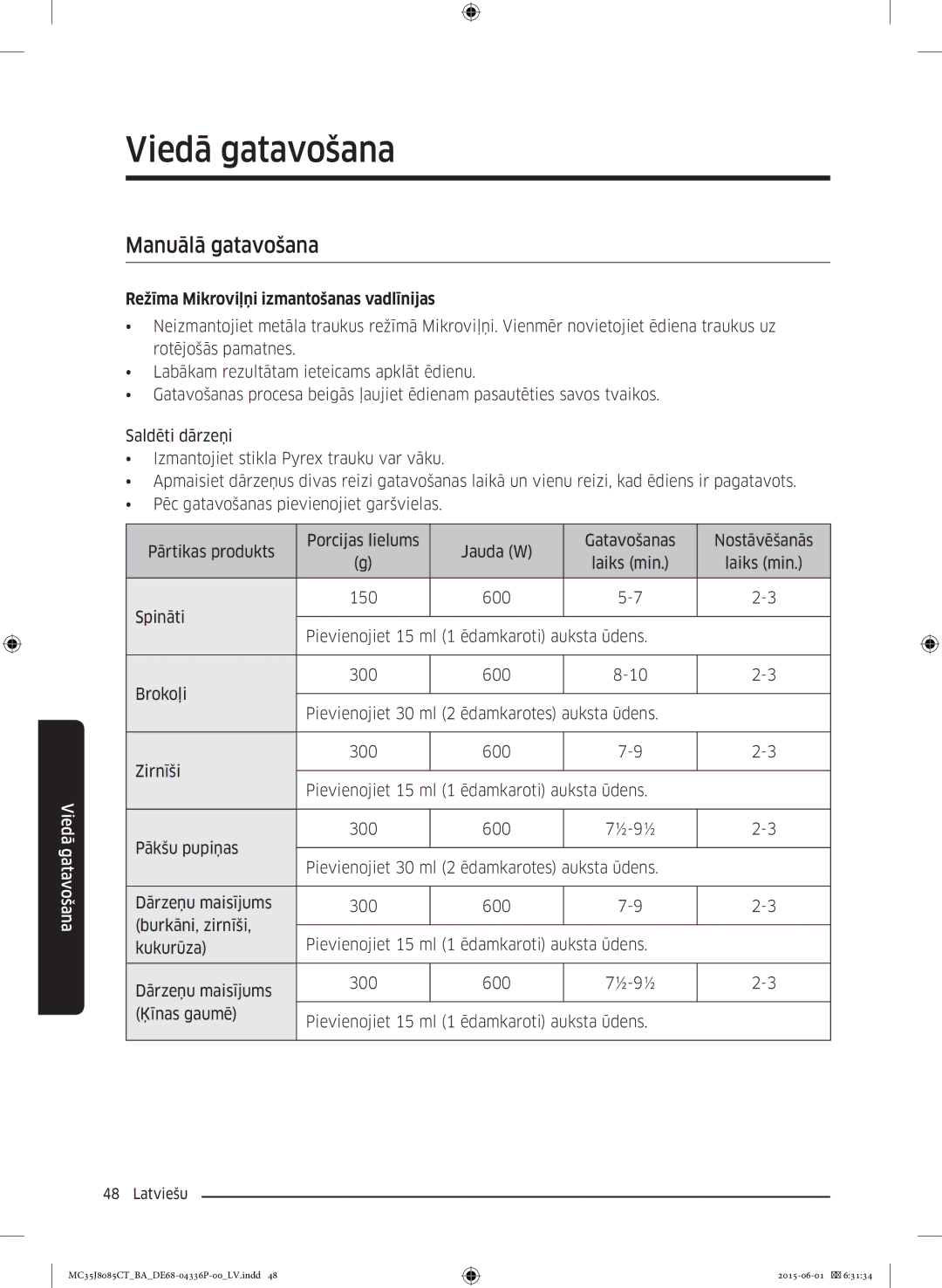 Samsung MC35J8085CT/BA manual Manuālā gatavošana, Režīma Mikroviļņi izmantošanas vadlīnijas 