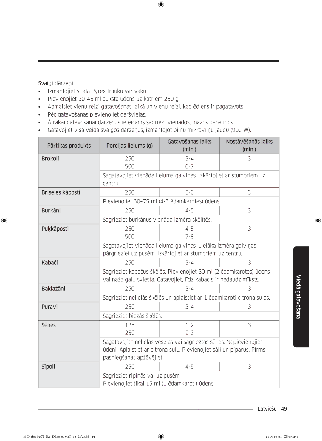 Samsung MC35J8085CT/BA manual Viedā gatavošana 