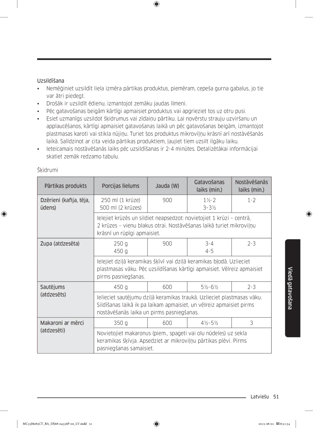 Samsung MC35J8085CT/BA manual Viedā gatavošana 