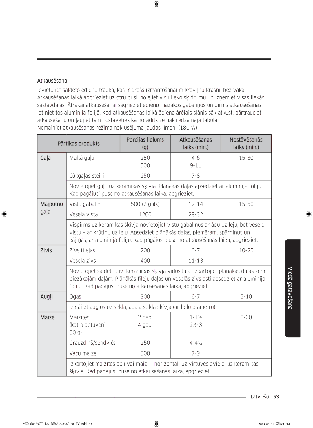 Samsung MC35J8085CT/BA manual Viedā gatavošana 