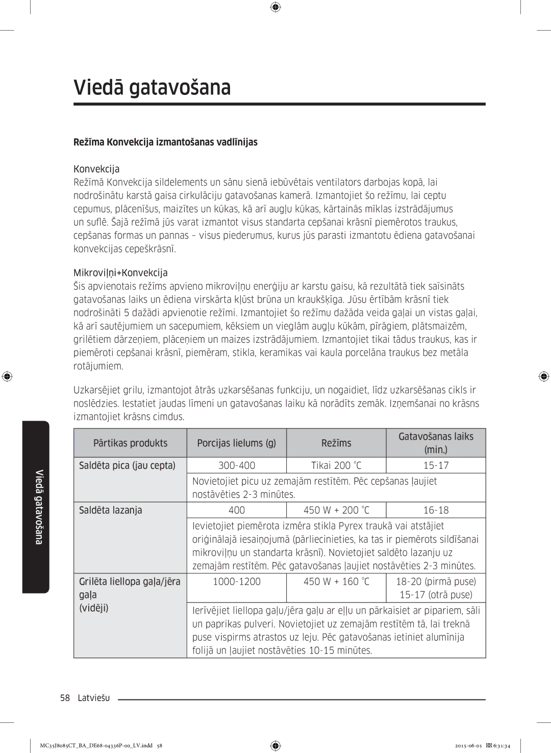 Samsung MC35J8085CT/BA manual Režīma Konvekcija izmantošanas vadlīnijas, 16-18 