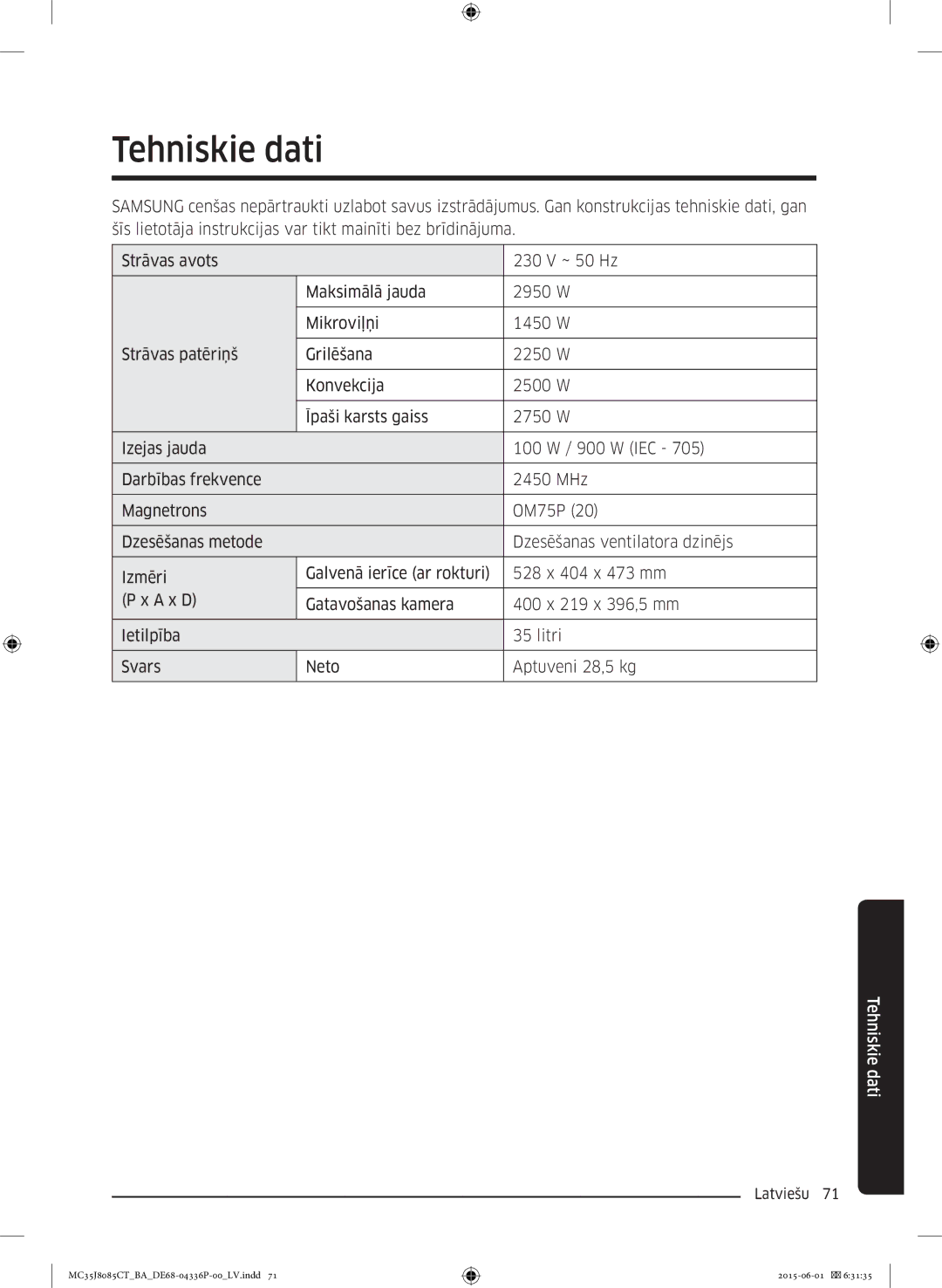 Samsung MC35J8085CT/BA manual Tehniskie dati 