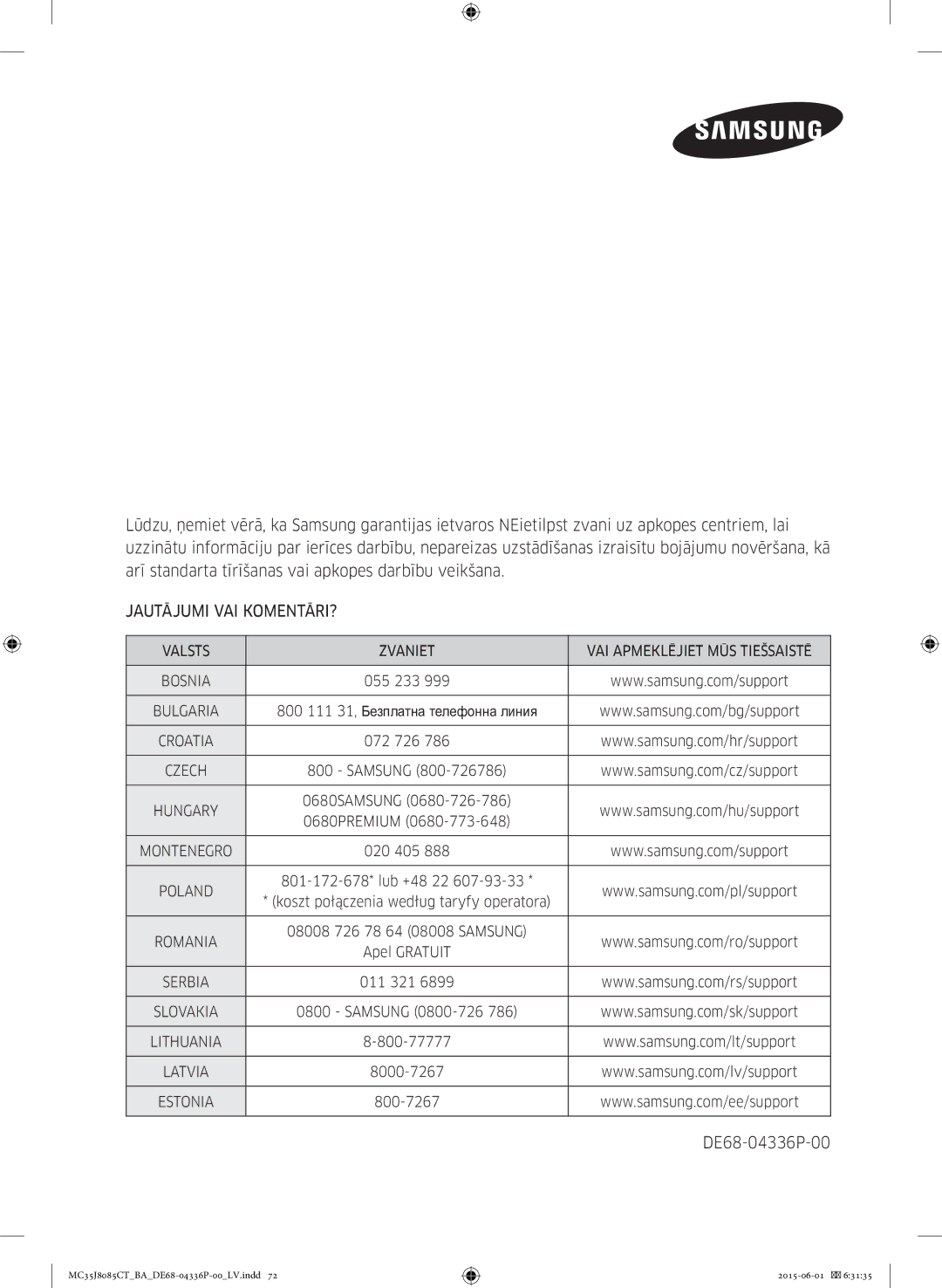 Samsung MC35J8085CT/BA manual Jautājumi VAI KOMENTĀRI?, Valsts Zvaniet VAI Apmeklējiet MŪS Tiešsaistē 