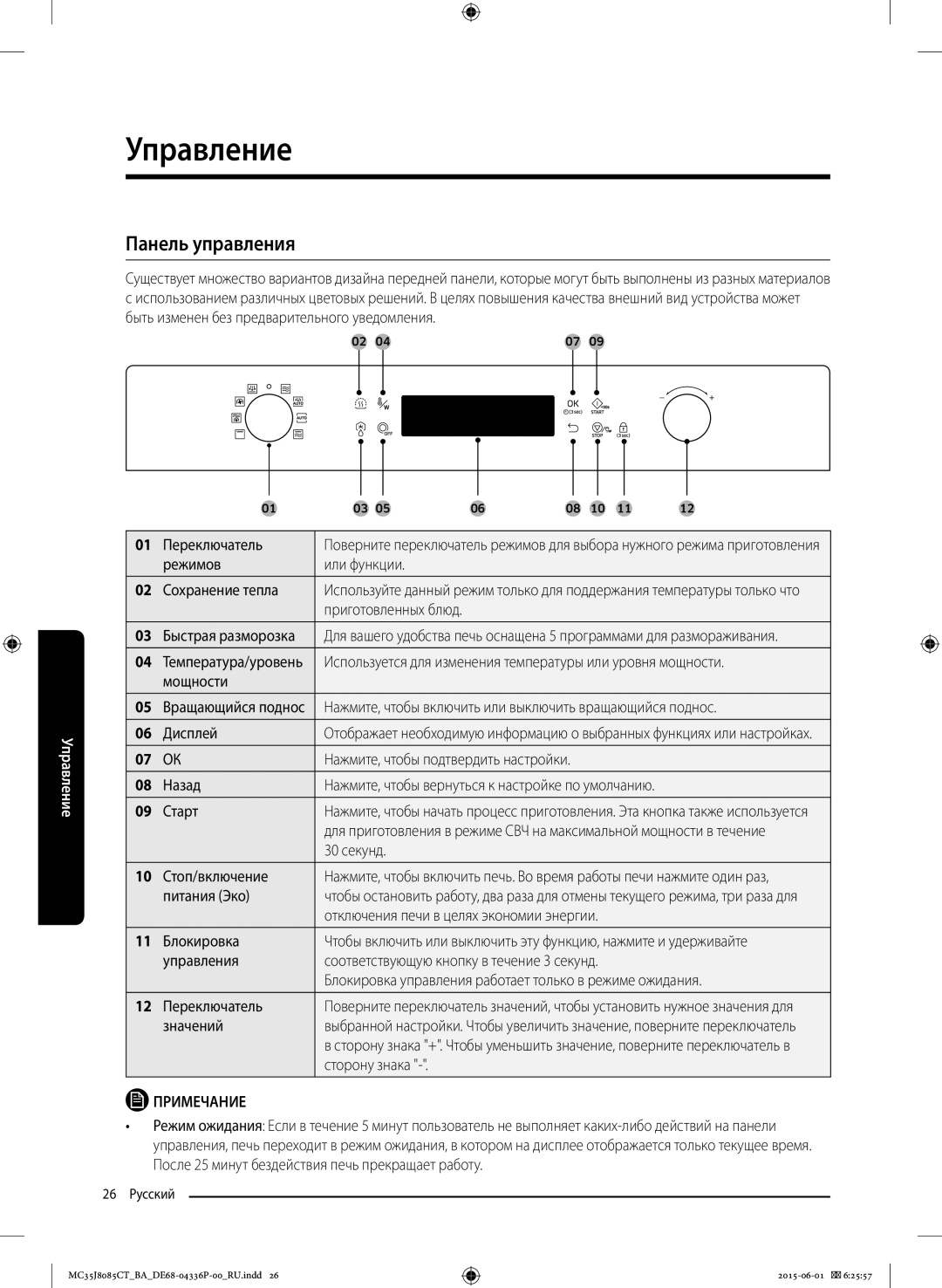 Samsung MC35J8085CT/BA manual Панель управления 