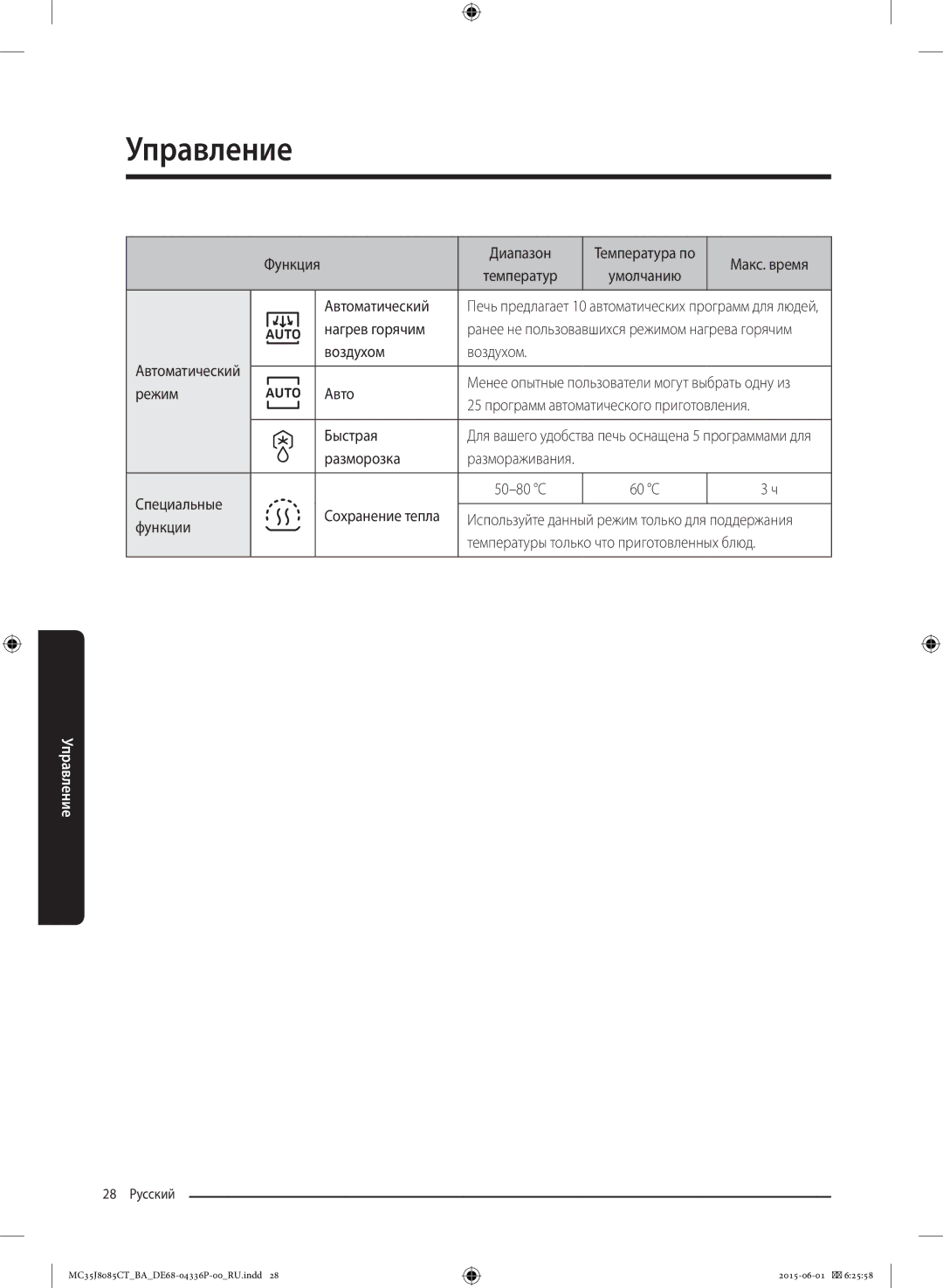 Samsung MC35J8085CT/BA manual Нагрев горячим, Автоматический Воздухом, Режим Авто, Быстрая, Разморозка, Функции 