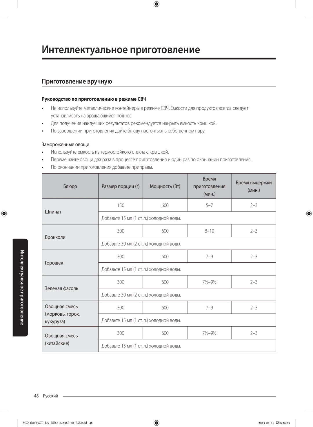 Samsung MC35J8085CT/BA manual Приготовление вручную, Руководство по приготовлению в режиме СВЧ 