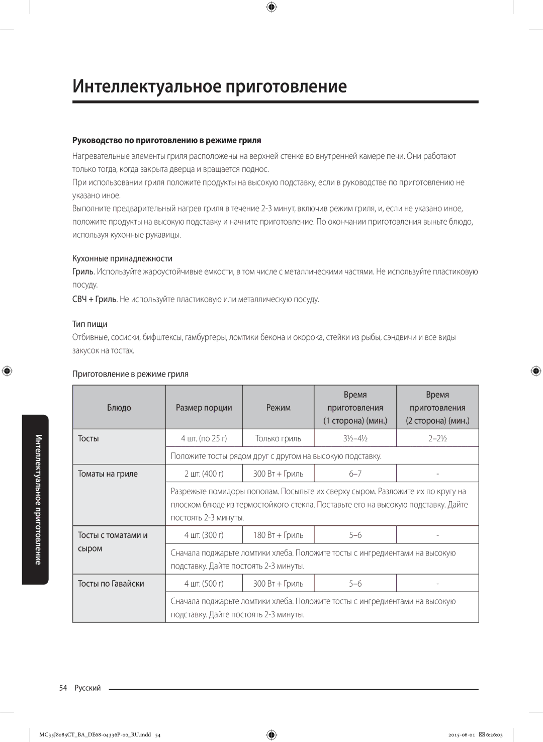 Samsung MC35J8085CT/BA manual Руководство по приготовлению в режиме гриля, Тосты с томатами и Шт г, Сыром 