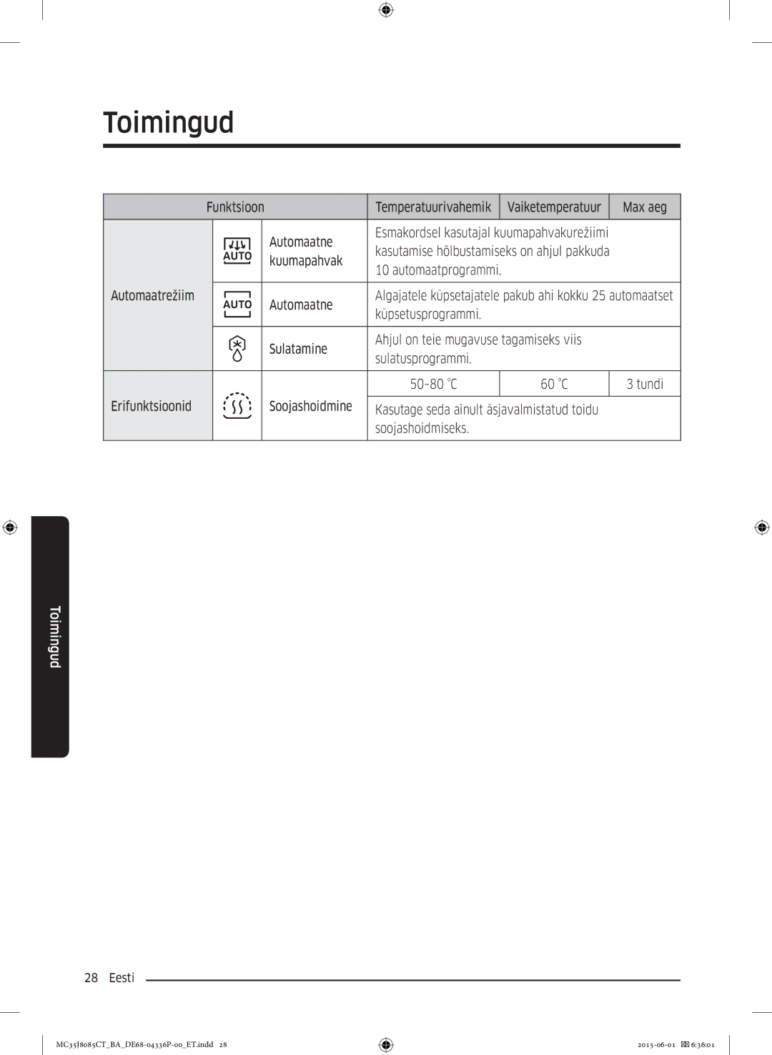 Samsung MC35J8085CT/BA manual Automaatrežiim Automaatne 