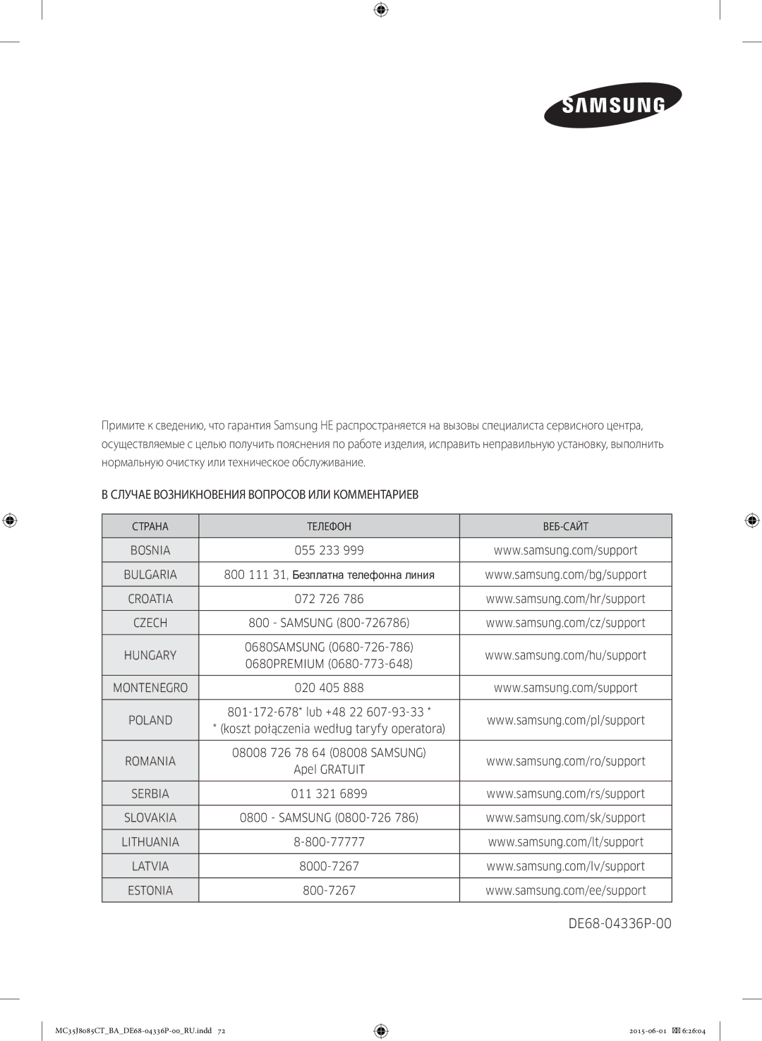 Samsung MC35J8085CT/BA manual Случае Возникновения Вопросов ИЛИ Комментариев, Страна Телефон ВЕБ-САЙТ 