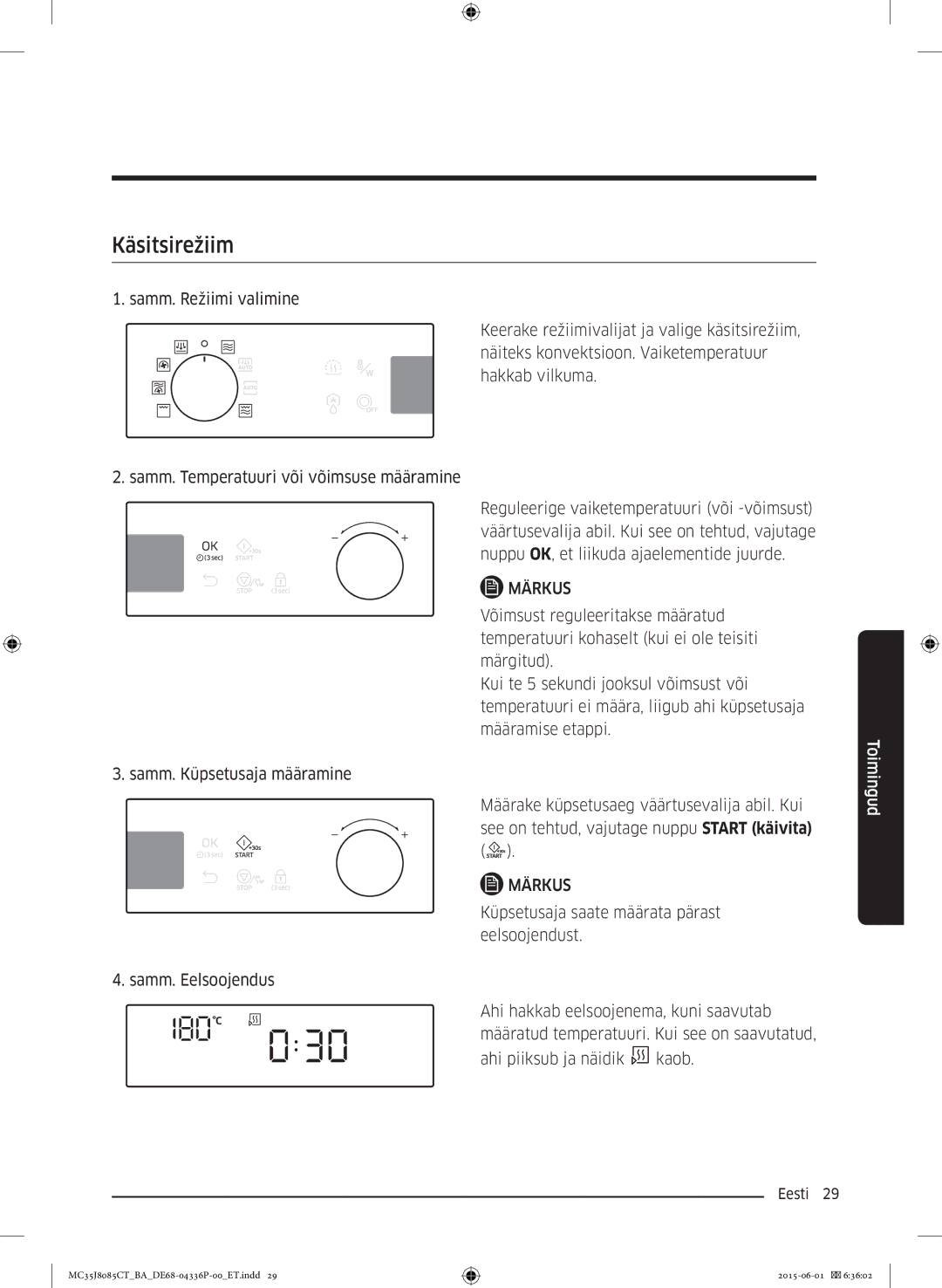 Samsung MC35J8085CT/BA manual Käsitsirežiim, Märkus 