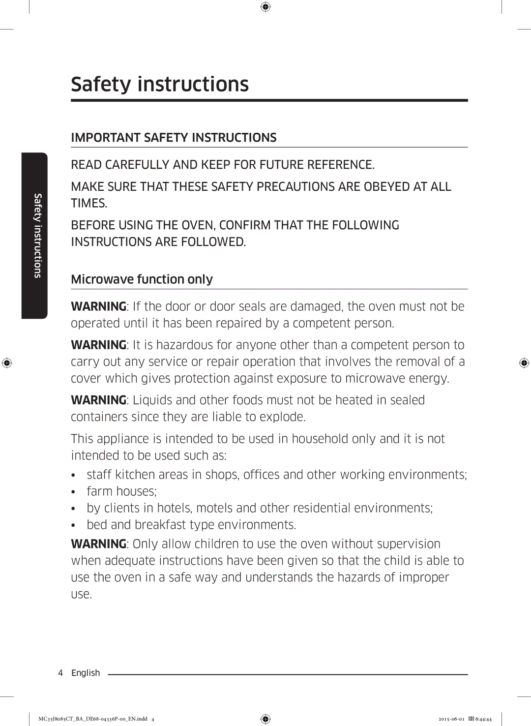 Samsung MC35J8085CT/BA manual Safety instructions 