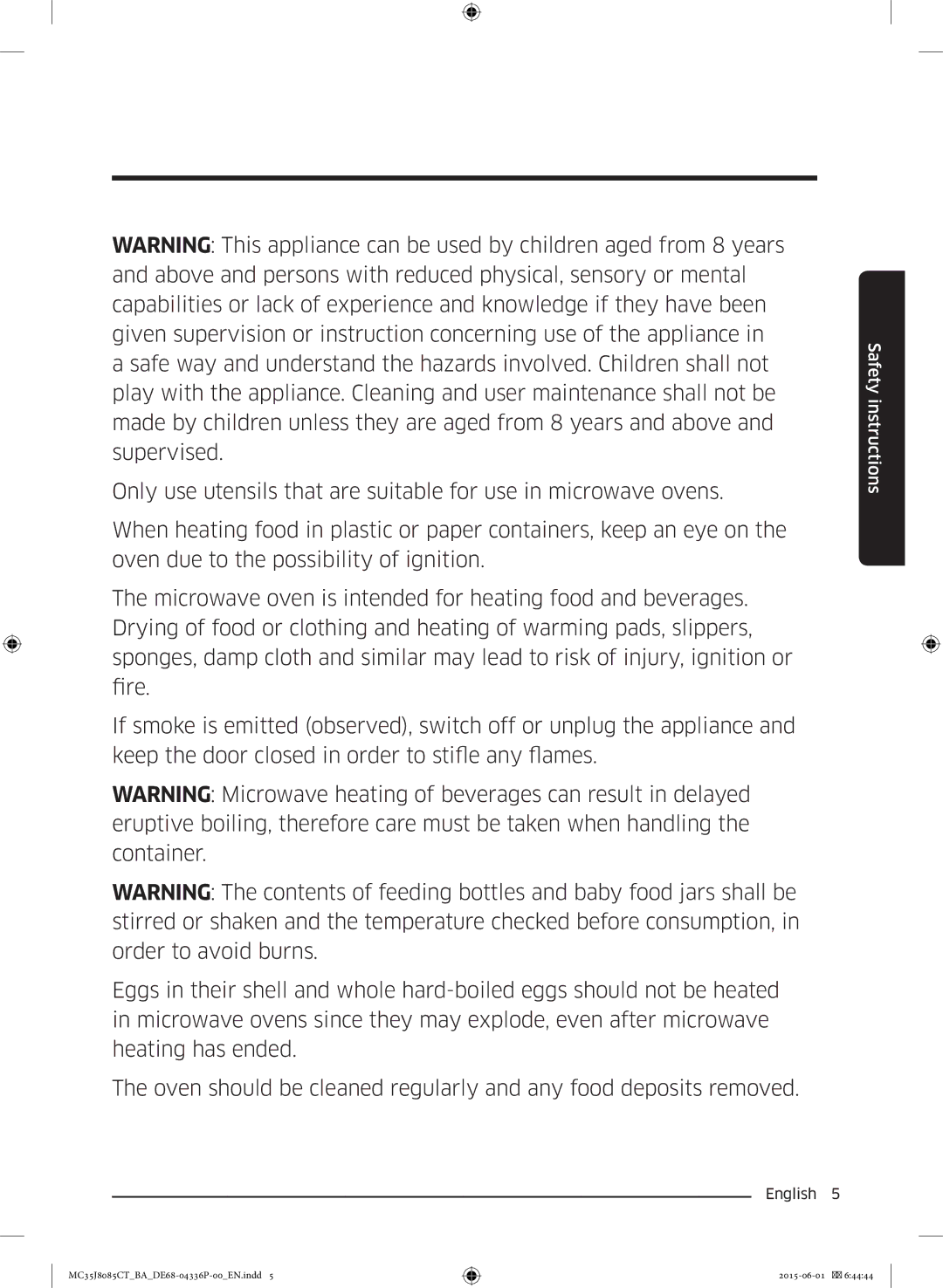 Samsung MC35J8085CT/BA manual Safety instructions 