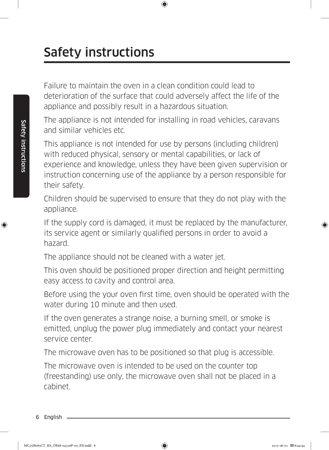 Samsung MC35J8085CT/BA manual Safety instructions 