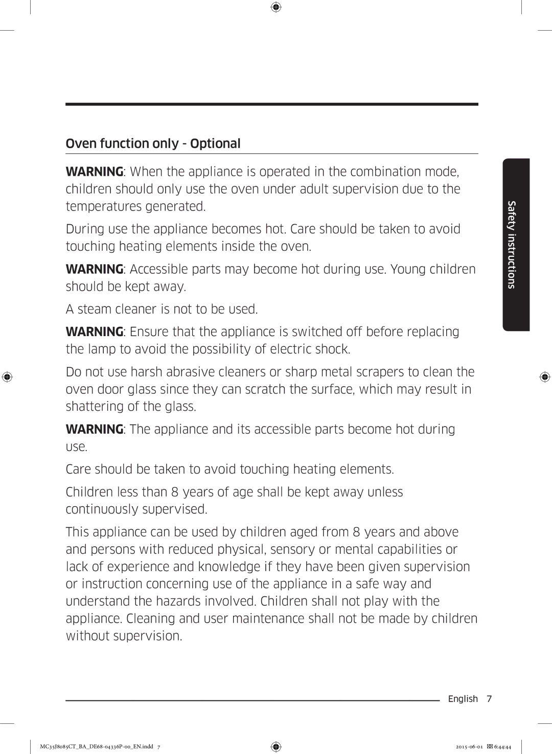 Samsung MC35J8085CT/BA manual Safety instructions 