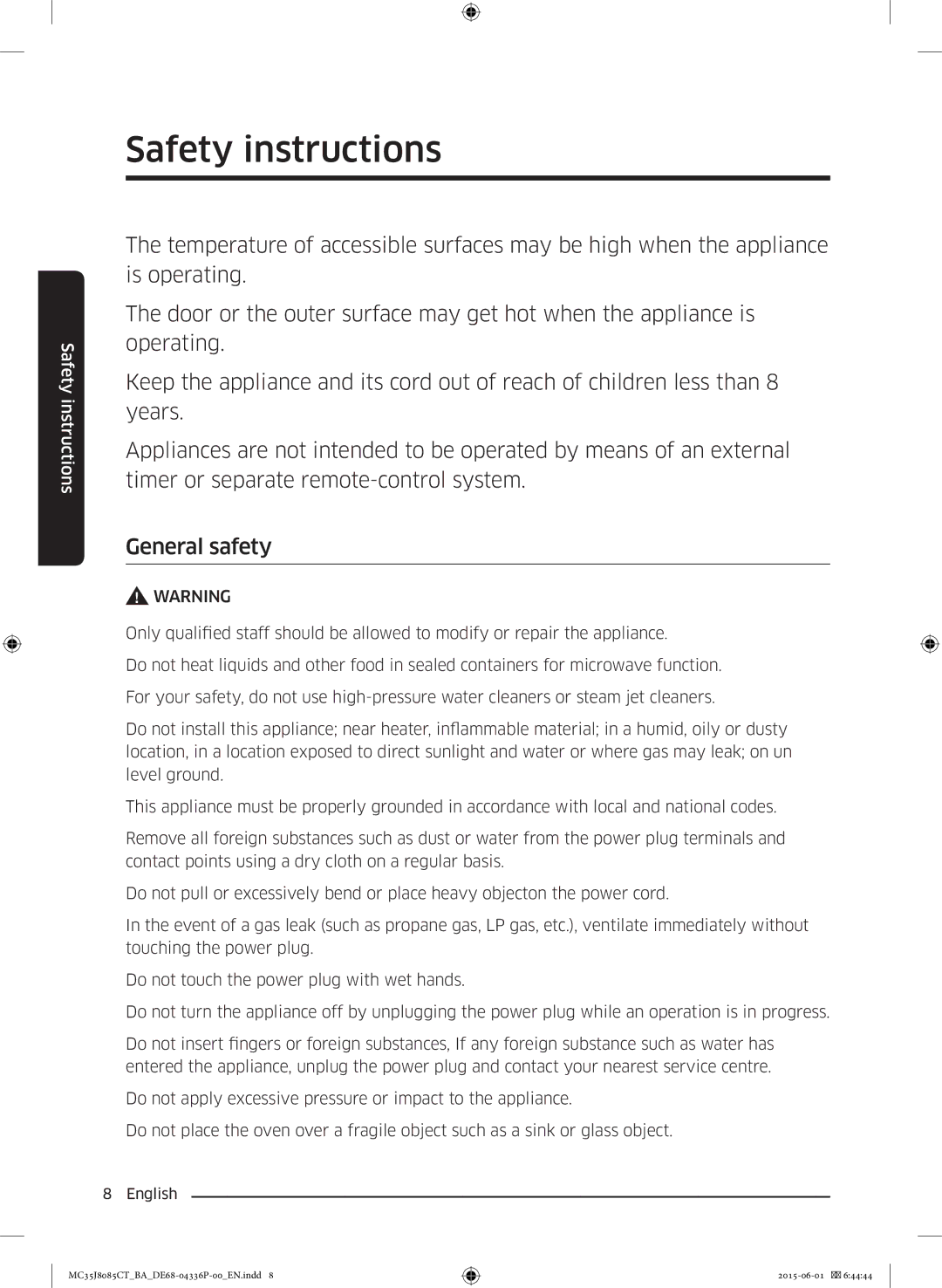 Samsung MC35J8085CT/BA manual Safety instructions 