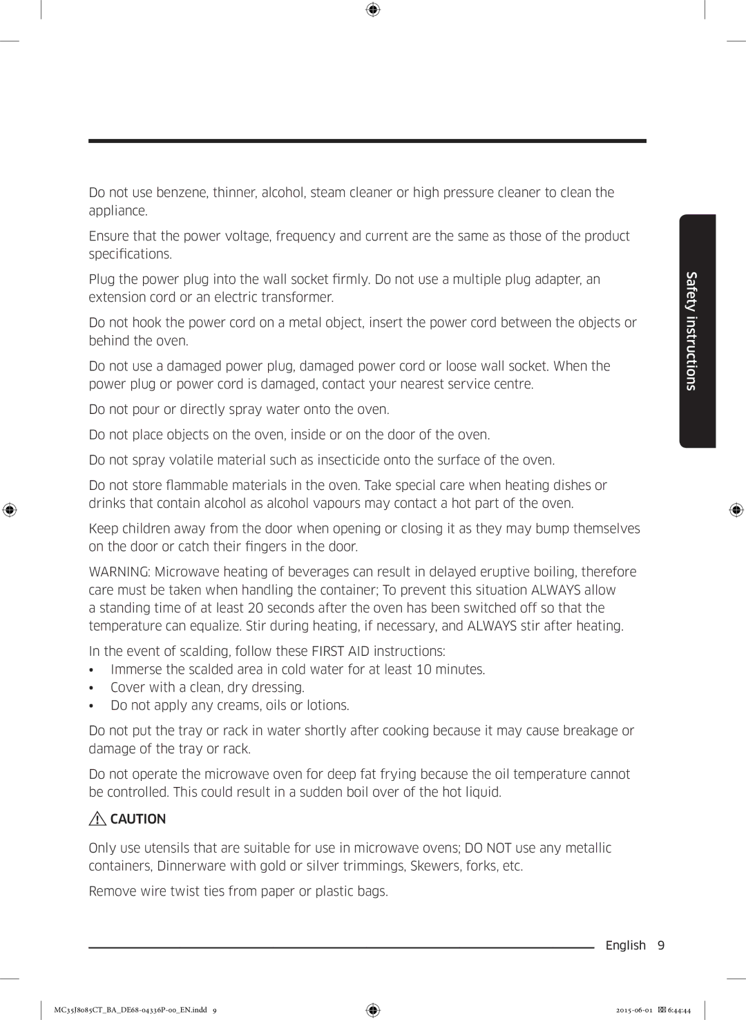 Samsung MC35J8085CT/BA manual Safety instructions 