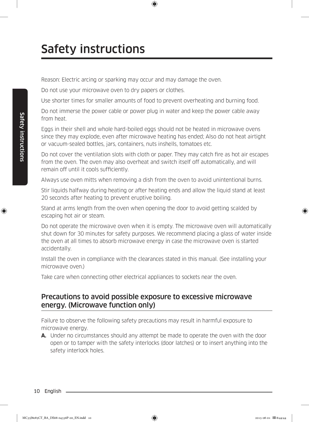 Samsung MC35J8085CT/BA manual Safety instructions 