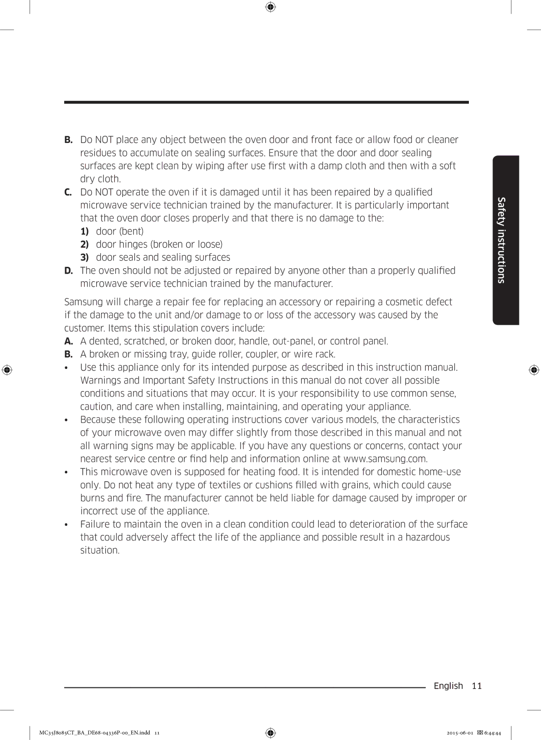 Samsung MC35J8085CT/BA manual Safety instructions 