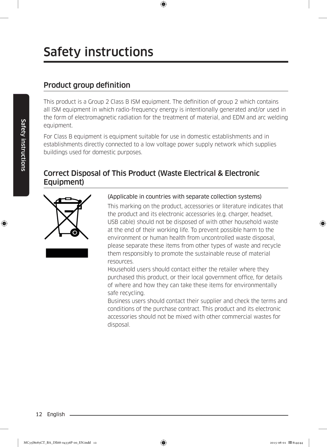 Samsung MC35J8085CT/BA manual Product group definition 