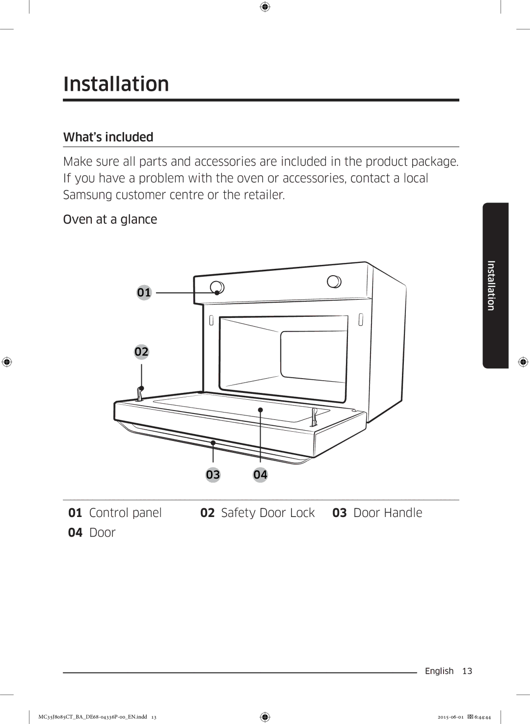 Samsung MC35J8085CT/BA manual Installation, Control panel Safety Door Lock 03 Door Handle 