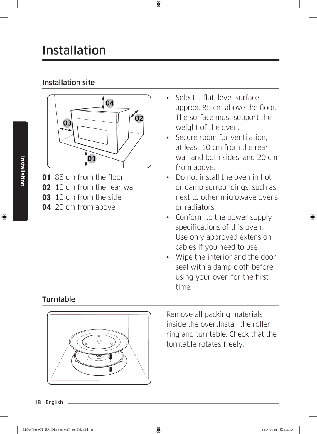 Samsung MC35J8085CT/BA Select a flat, level surface, Approx cm above the floor, Surface must support, Weight of the oven 