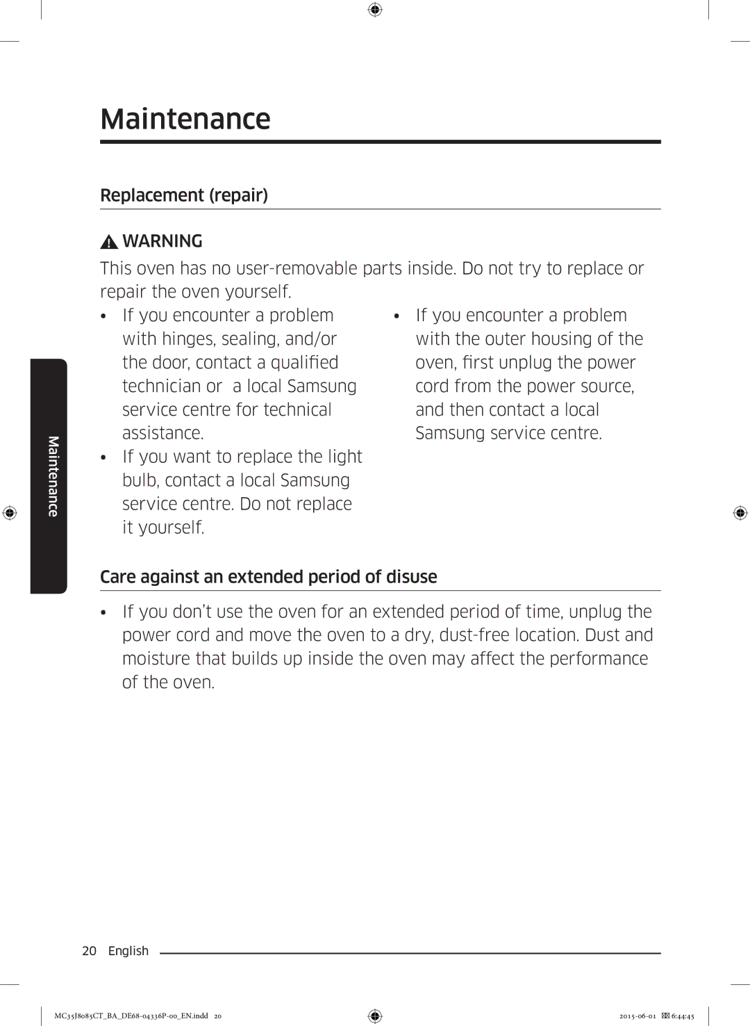 Samsung MC35J8085CT/BA manual Maintenance 