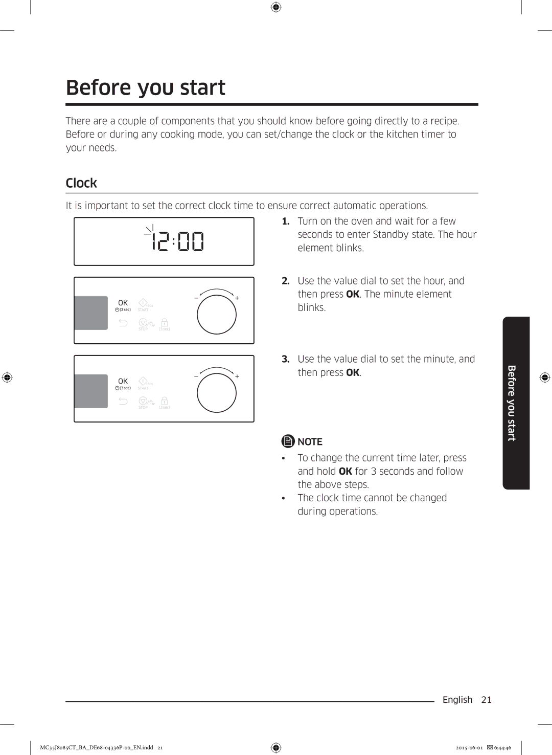 Samsung MC35J8085CT/BA manual Before you start, Clock 