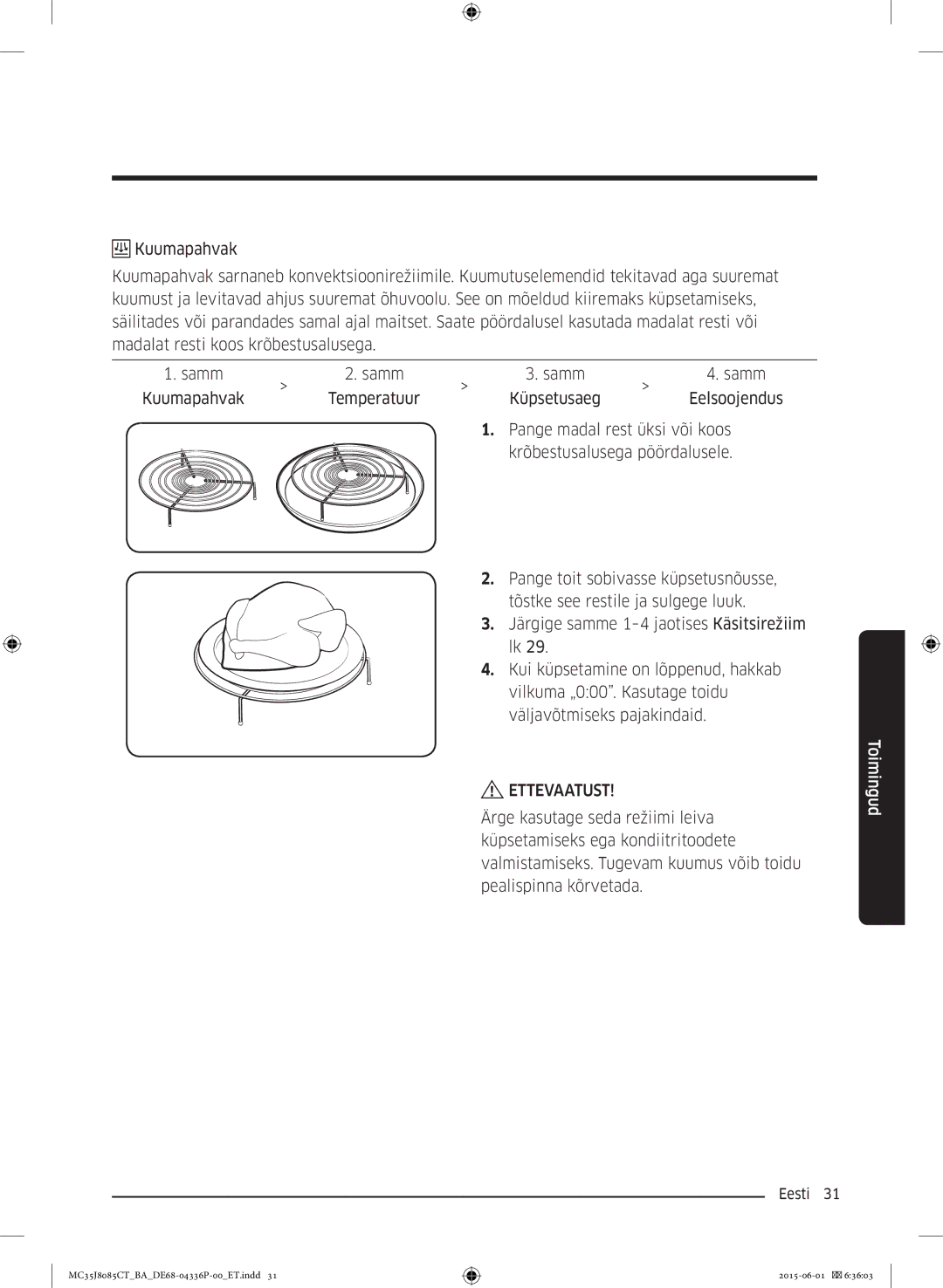 Samsung MC35J8085CT/BA manual Kuumapahvak Temperatuur 