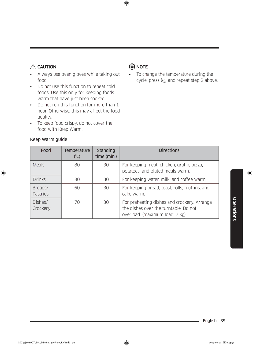 Samsung MC35J8085CT/BA manual Operations 