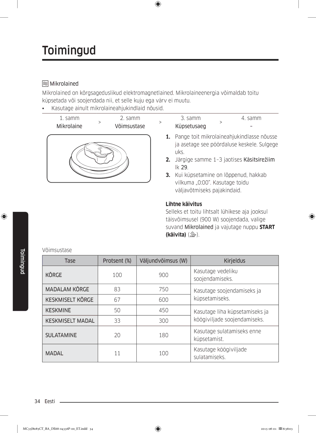 Samsung MC35J8085CT/BA manual Lihtne käivitus, Käivita 