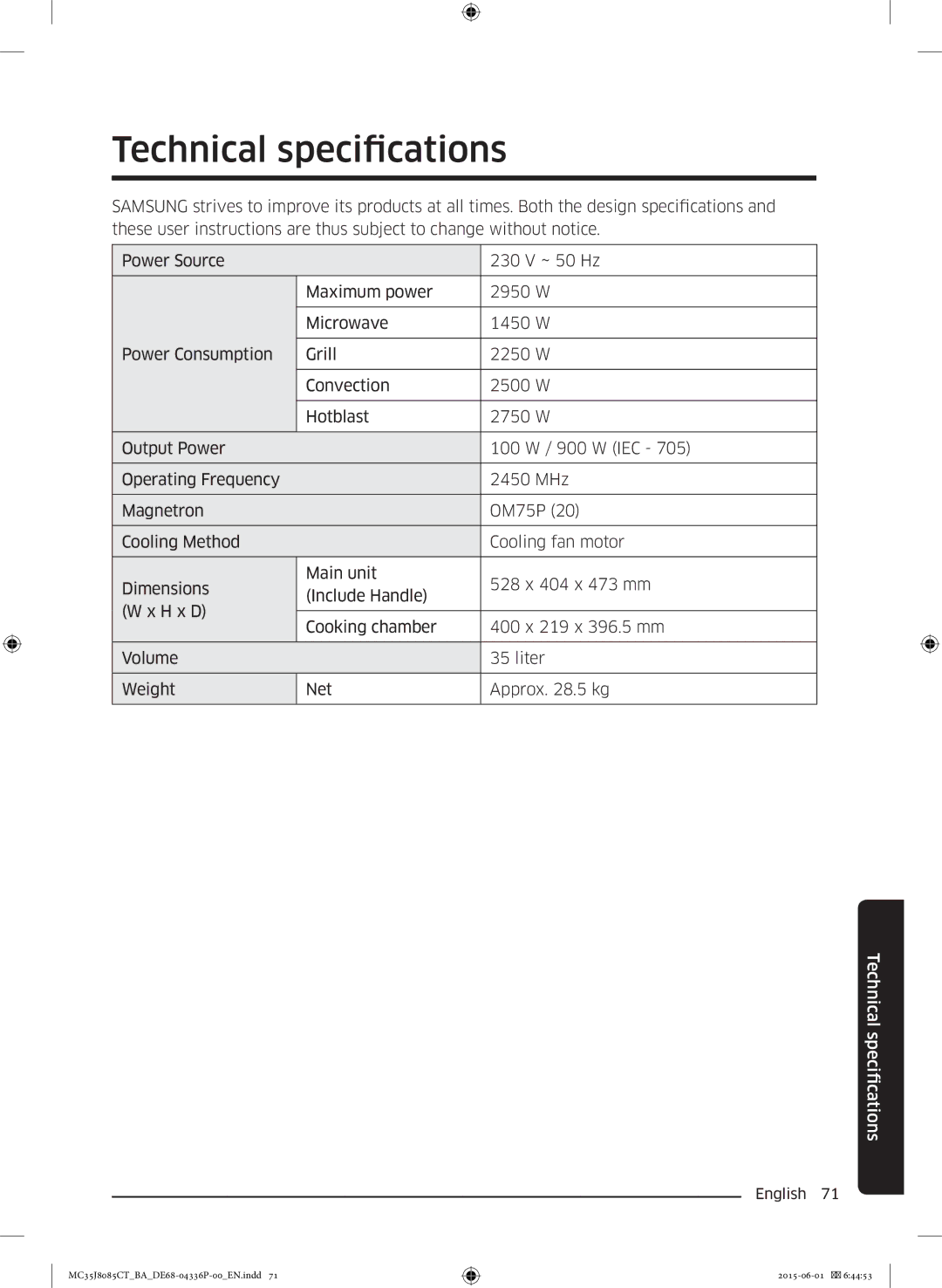 Samsung MC35J8085CT/BA manual Technical specifications, Fications Technical speci 