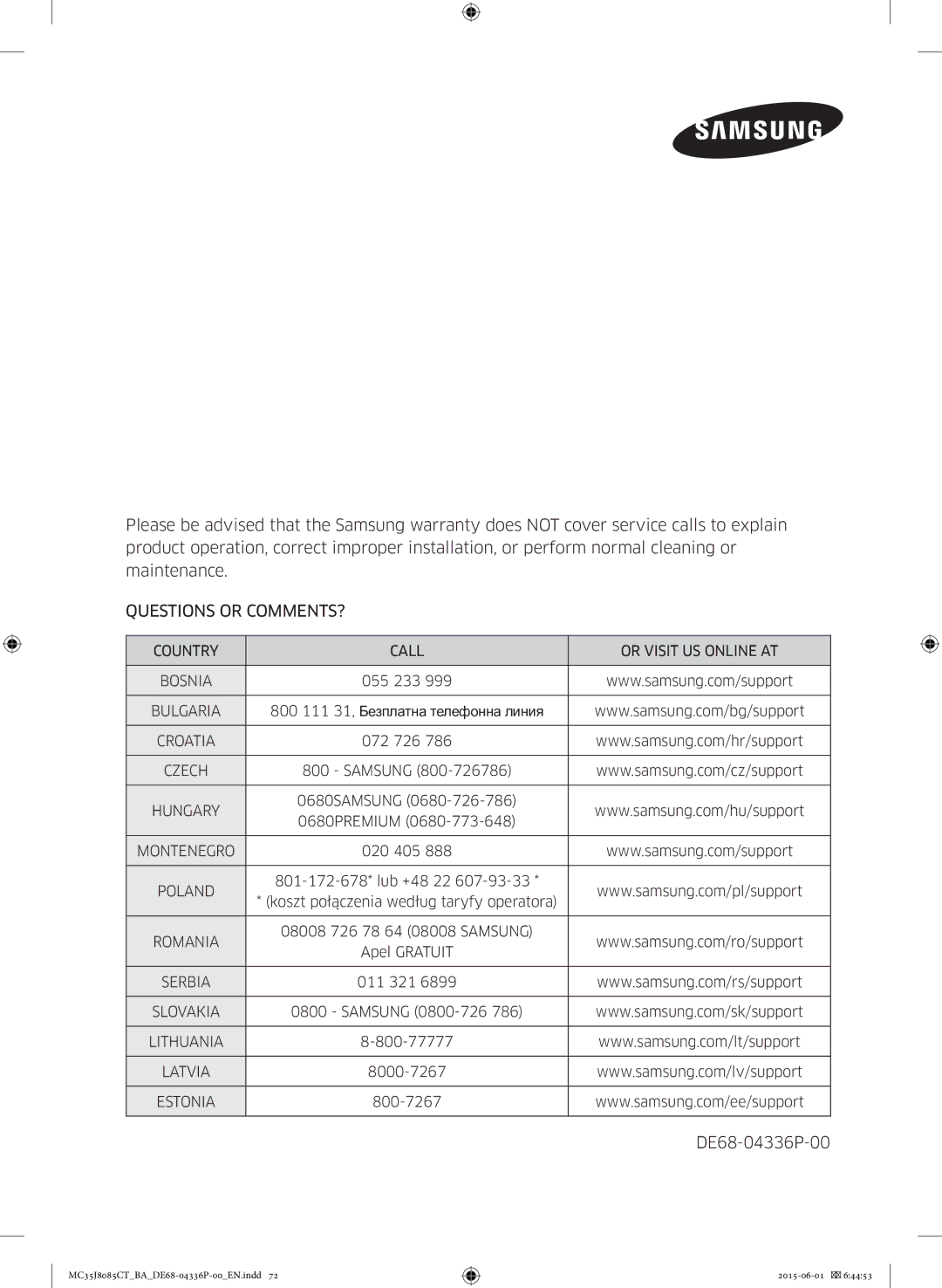 Samsung MC35J8085CT/BA manual Questions or COMMENTS?, Country Call Or Visit US Online AT 