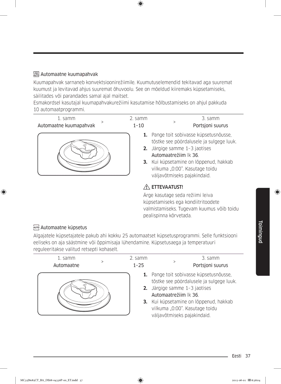 Samsung MC35J8085CT/BA manual Ettevaatust 