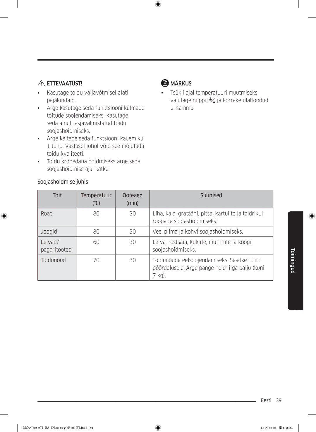 Samsung MC35J8085CT/BA manual Ettevaatust Märkus 