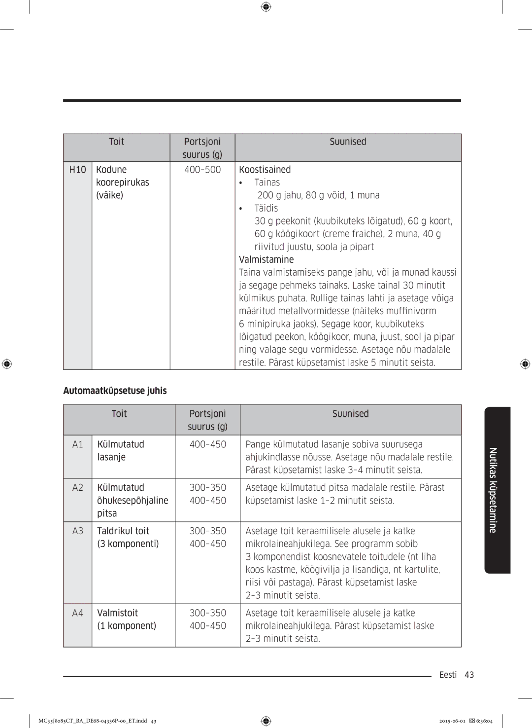 Samsung MC35J8085CT/BA manual Automaatküpsetuse juhis 