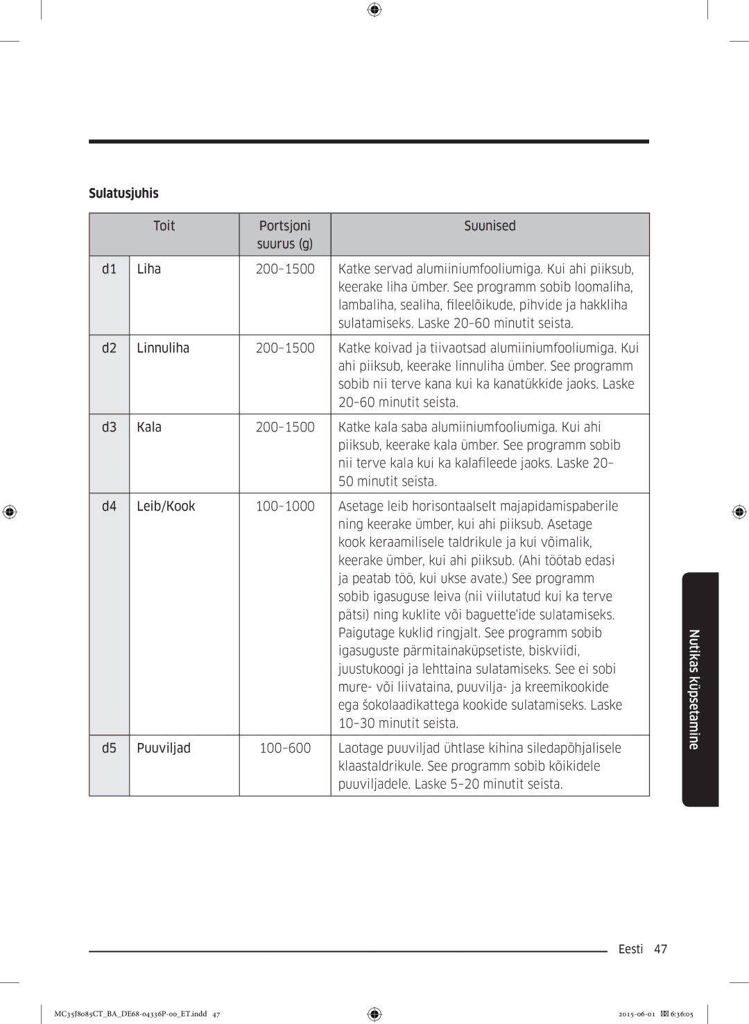 Samsung MC35J8085CT/BA manual Sulatusjuhis 