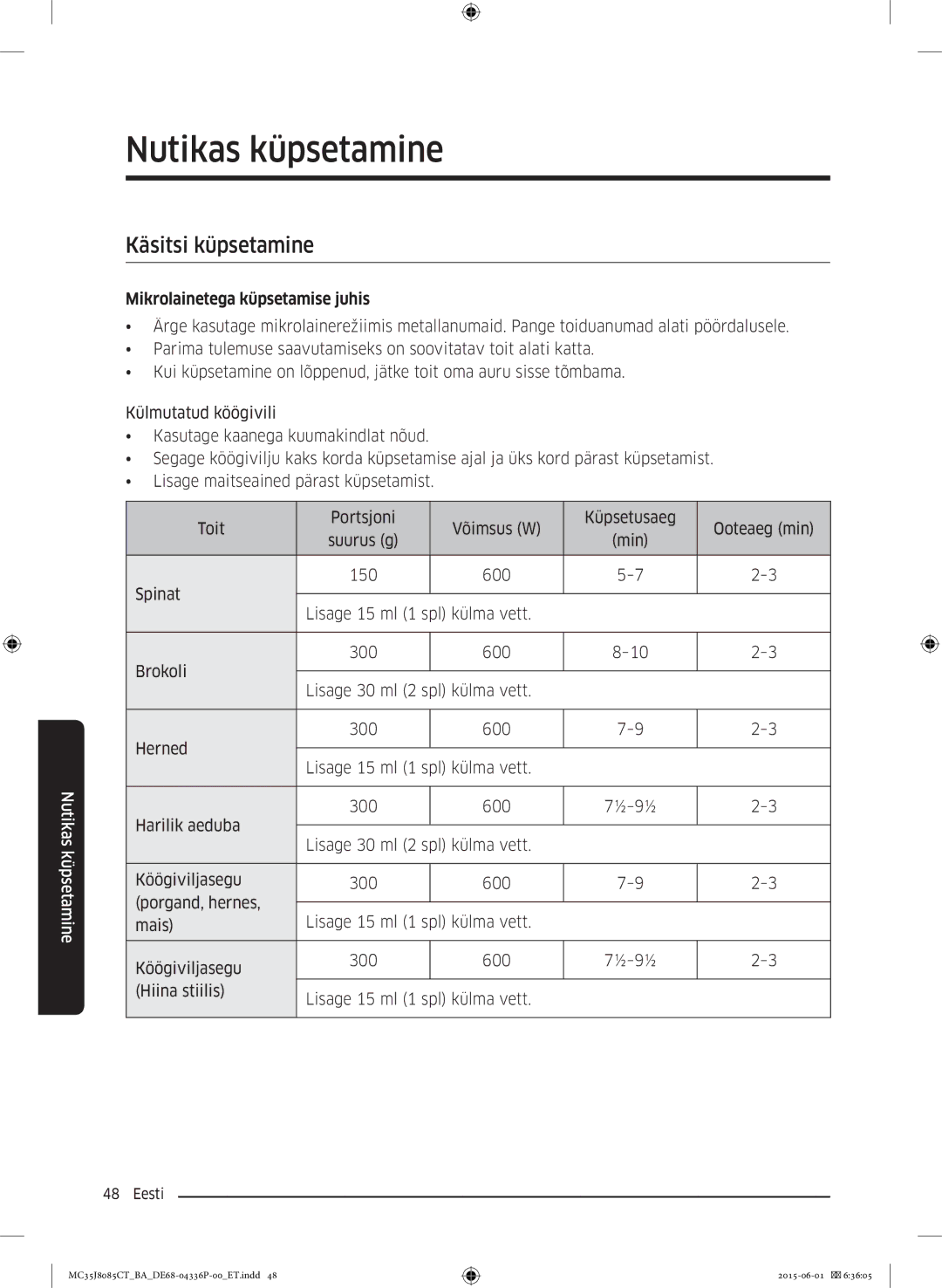 Samsung MC35J8085CT/BA manual Käsitsi küpsetamine, Mikrolainetega küpsetamise juhis, Ooteaeg min 