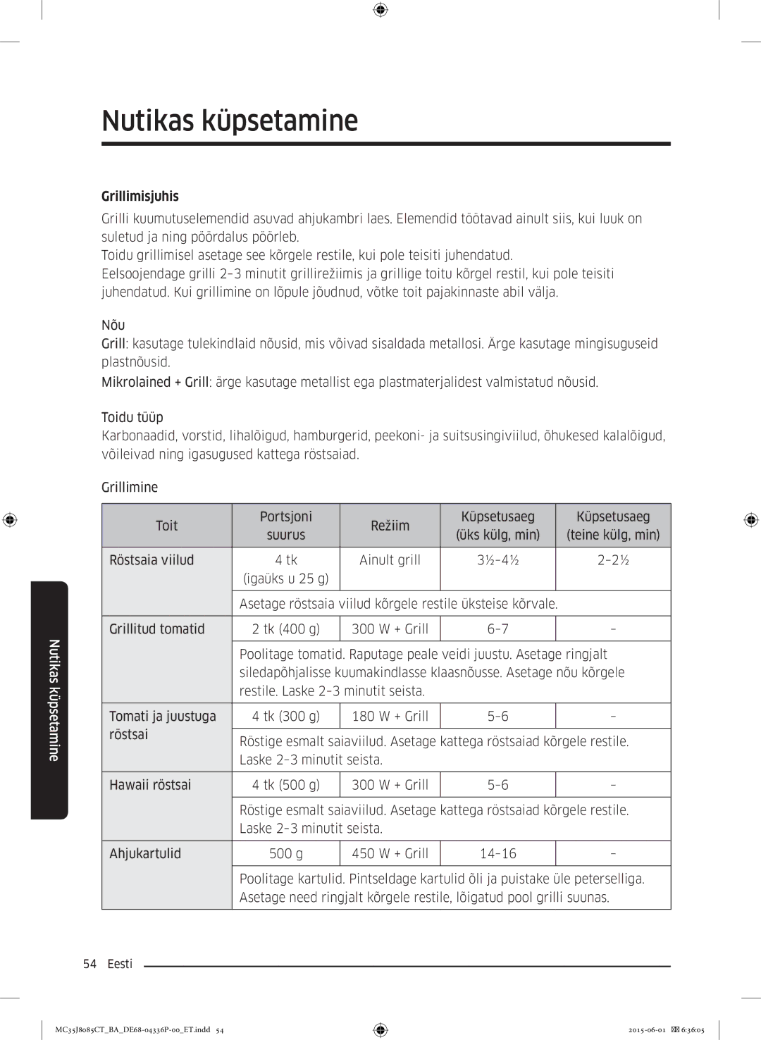 Samsung MC35J8085CT/BA manual Grillimisjuhis 