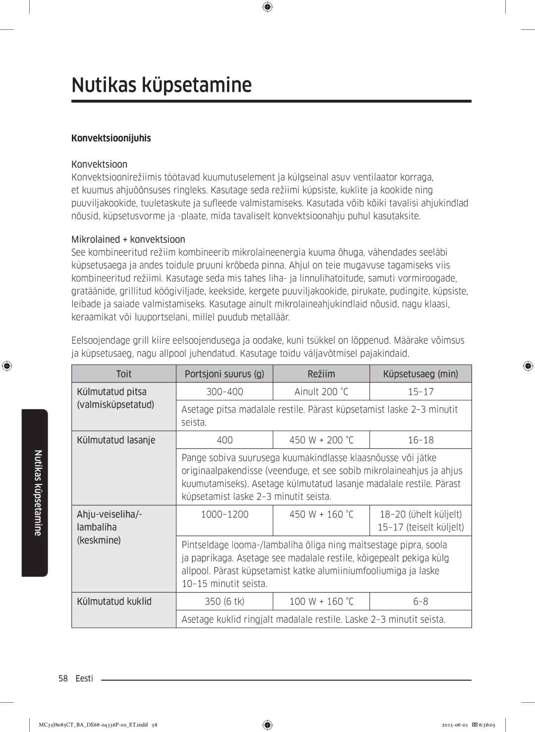 Samsung MC35J8085CT/BA manual Konvektsioonijuhis 