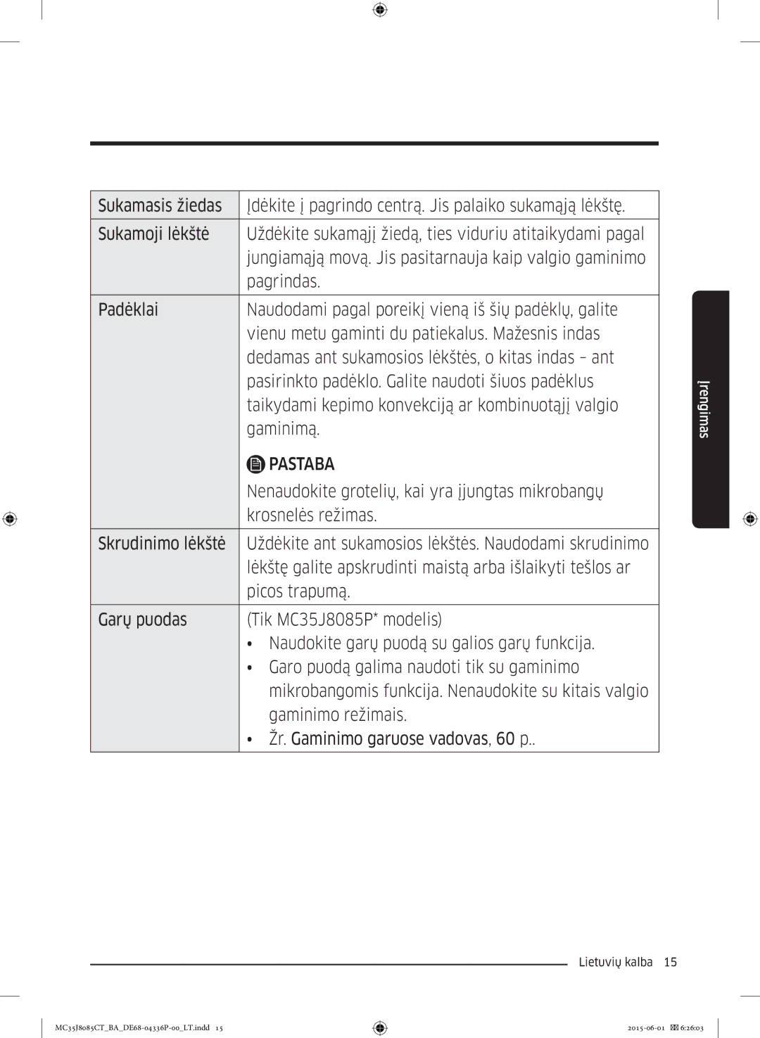 Samsung MC35J8085CT/BA manual Pastaba 