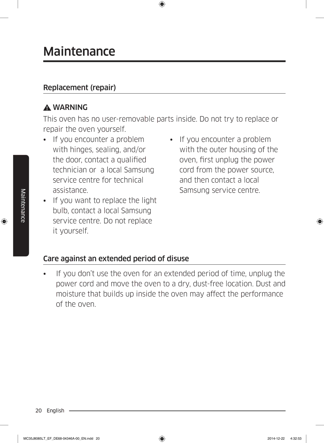 Samsung MC35J8085CT/EF, MC35J8085CT/EG, MC35J8085LT/EF manual Maintenance 