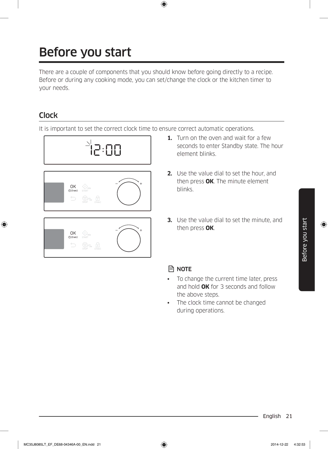 Samsung MC35J8085CT/EG, MC35J8085LT/EF, MC35J8085CT/EF manual Before you start, Clock 