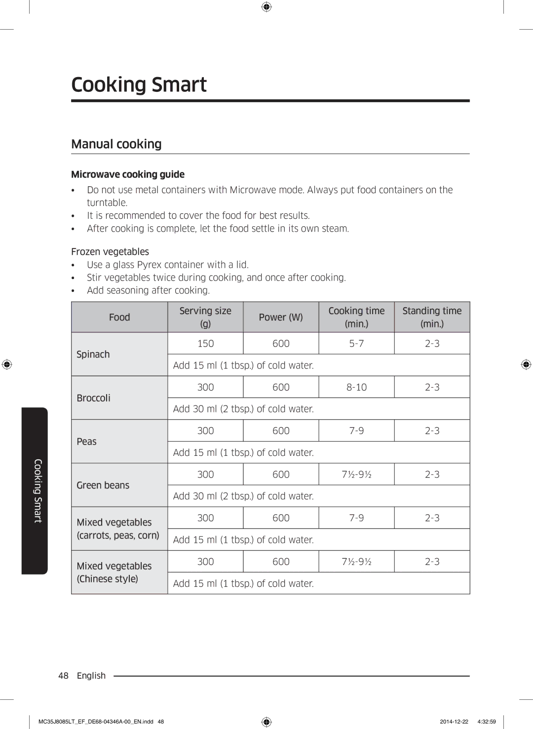 Samsung MC35J8085CT/EG, MC35J8085LT/EF, MC35J8085CT/EF manual Manual cooking, Microwave cooking guide 