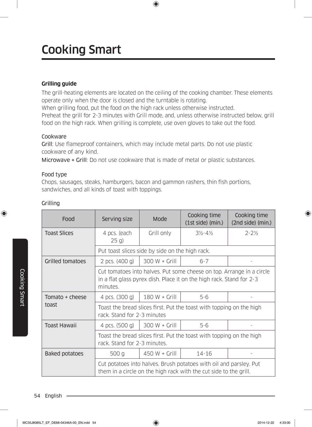 Samsung MC35J8085CT/EG, MC35J8085LT/EF, MC35J8085CT/EF manual Grilling guide 