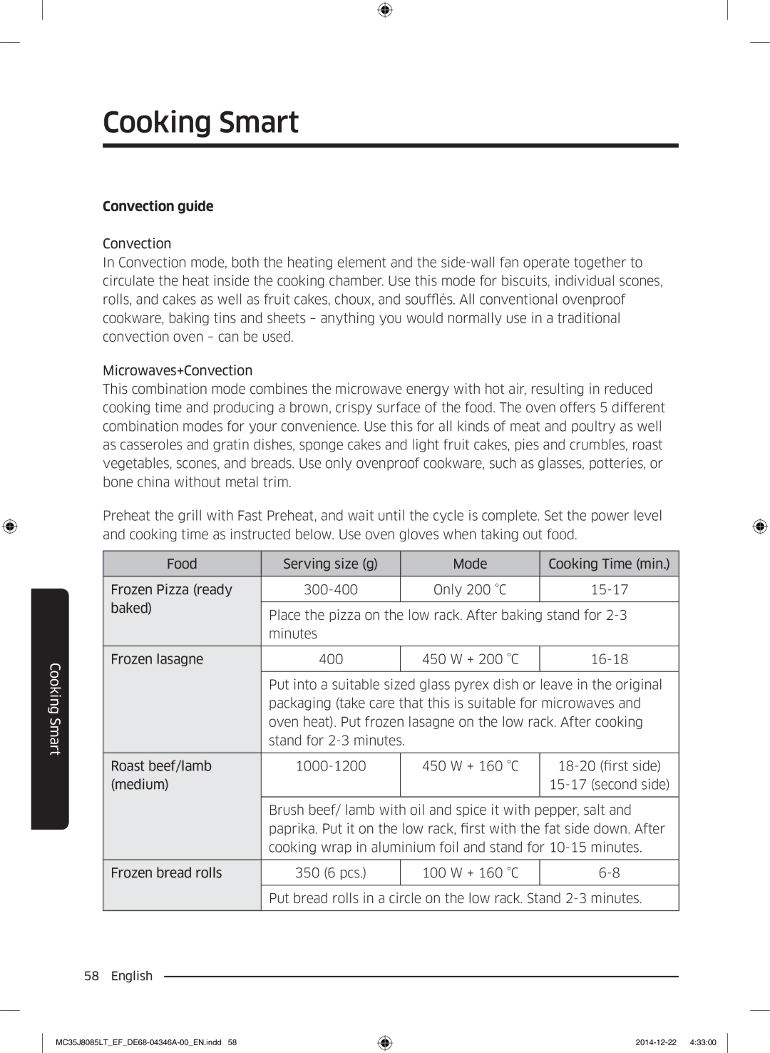 Samsung MC35J8085LT/EF, MC35J8085CT/EG, MC35J8085CT/EF manual Convection guide 