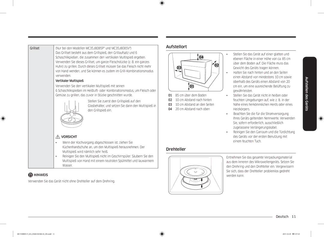 Samsung MC35J8085CT/EG manual Aufstellort, Drehteller 