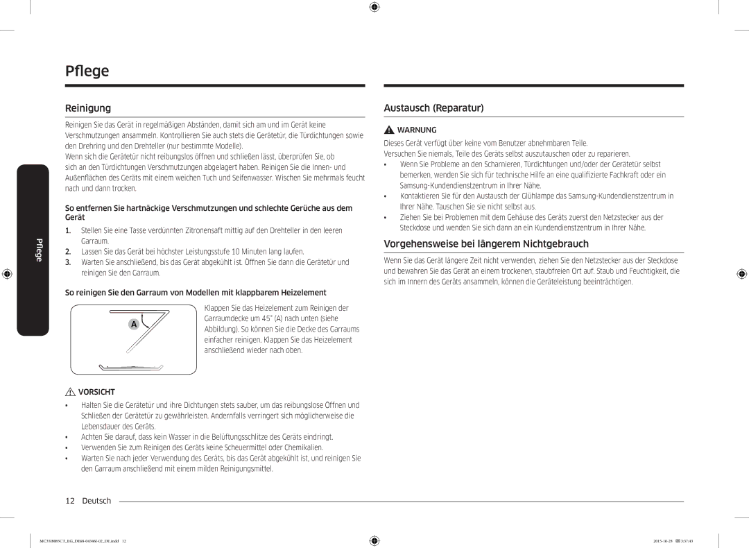 Samsung MC35J8085CT/EG manual Pfegeleg, Reinigung, Austausch Reparatur, Vorgehensweise bei längerem Nichtgebrauch 