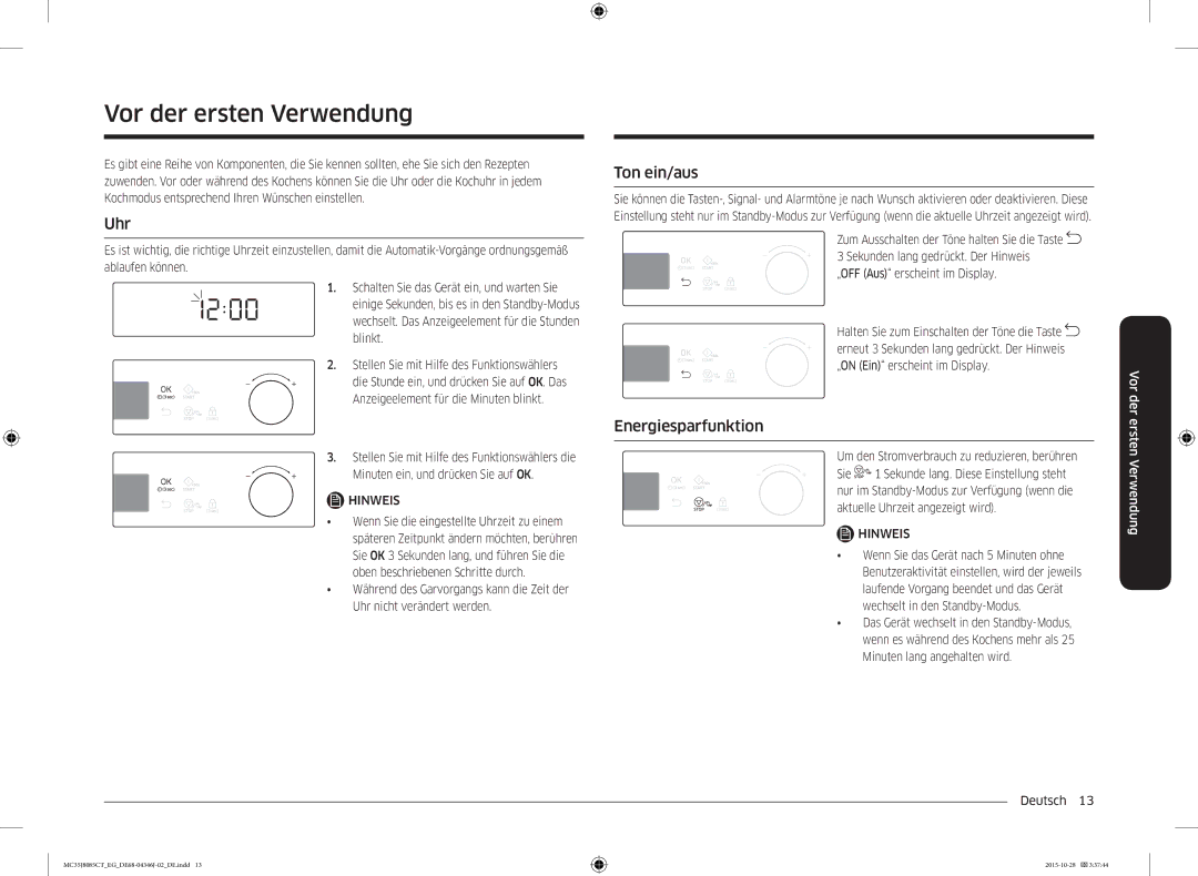 Samsung MC35J8085CT/EG manual Vor der ersten Verwendung, Uhr, Ton ein/aus, Energiesparfunktion 