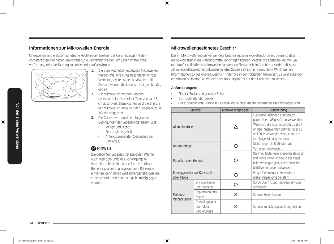 Samsung MC35J8085CT/EG manual Informationen zur Mikrowellen-Energie, Mikrowellengeeignetes Geschirr 